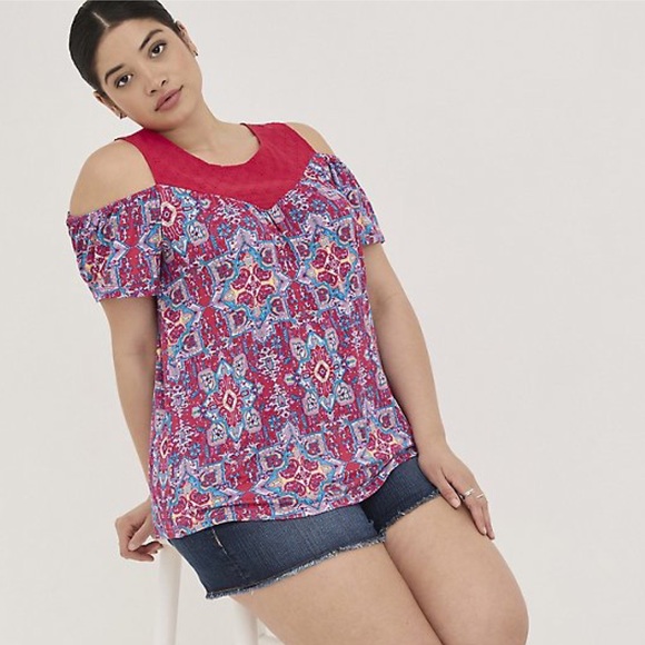 TORRID SUPER SOFT CREW NECK EYELET YOKE TOP 2 - Picture 1 of 15